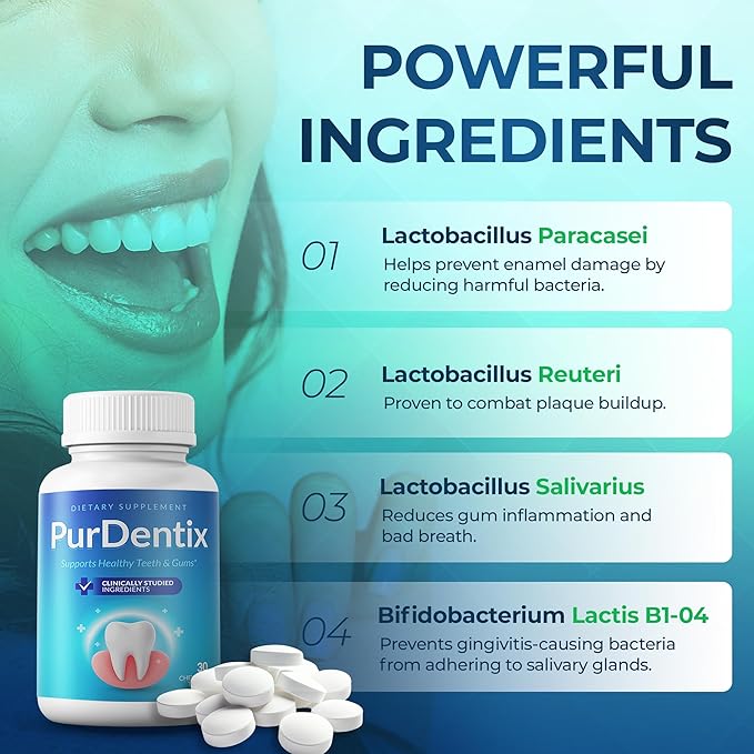 PurDentix Oral Health Probiotic – 4-Strain Formula for Healthy Gums, Teeth & Fresh Breath – 90 Chewable Tablets