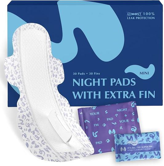 Overnight Pads with Wings – Size 3 (Mini Pad) – Ultimate Leak-Free Protection with Absorbent FIN Technology – 30 Sanitary Napkins with pH-Balanced Wipes – Sanitary Pads for Women & Teens