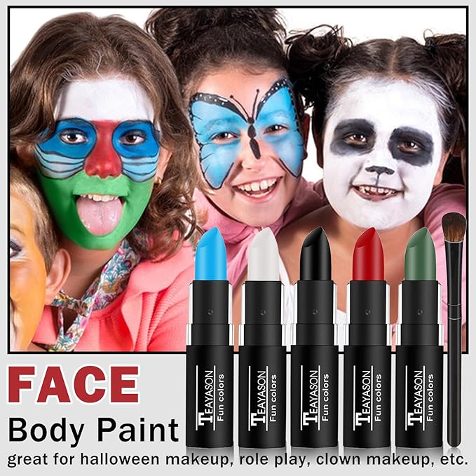 DAMUSI Blue Red White Face Paint Sticks Professional Eye Black Football Baseball Softball,Convenient Design Halloween Face Paint Makeup for Adults and Kids（Blue/White/Red Body Paint Sticks）