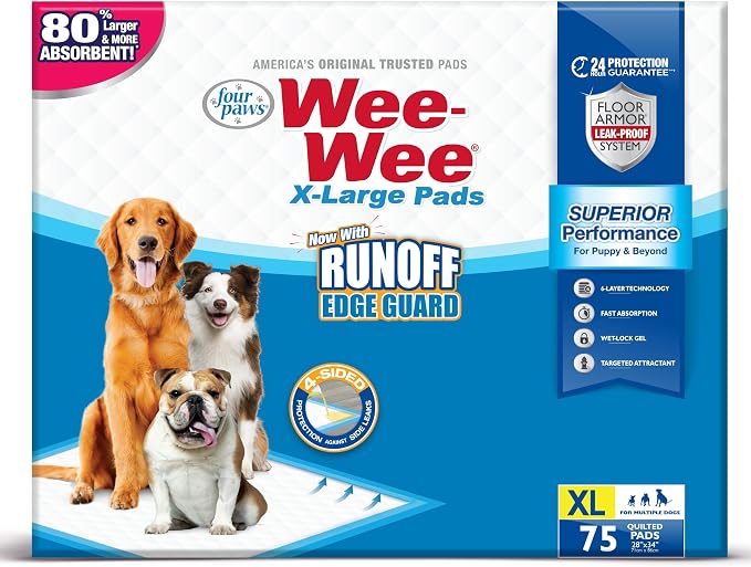 Four Paws Wee-Wee Superior Performance X-Large Dog Pee Pads, 75 Count | Puppy & dog potty training pads, housebreaking supplies, xl puppy pads, pet supplies, 24-hour floor protection, 28" x 34"