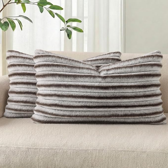 Pallene Faux Fur Decorative Throw Pillow Covers 12x20 Set of 2, Ombre Brown | Luxury Plush Texture, Striped Design, Cozy Soft Touch, Modern Home Accent Decor for Couch, Sofa, Bed, Living Room