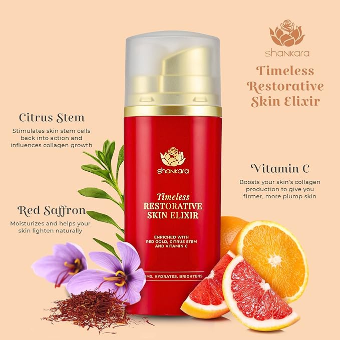 Shankara Timeless Restorative Skin Elixir – 2-in-1 Ayurvedic Serum & Kumkumadi Oil Pump Duo – With Vitamin C, Citrus Stem Cell Tech, Ectoin & Saffron – Hydrating, Moisturizing for Glowing Skin (30ml)
