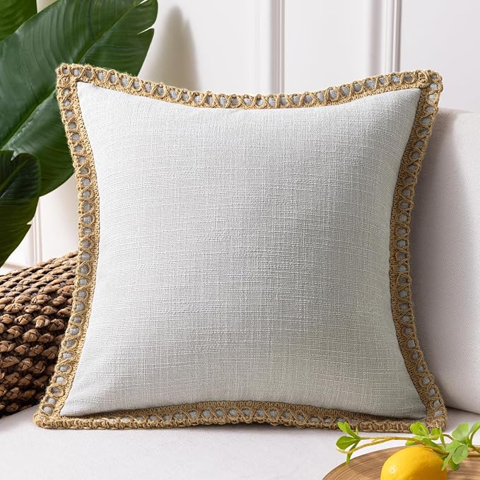 Phantoscope Farmhouse Throw Pillow Covers 18x18, Outdoor Burlap Decorative Cushion Cases with Jute Trim for Couch, Patio, Bedroom, Flax Gray