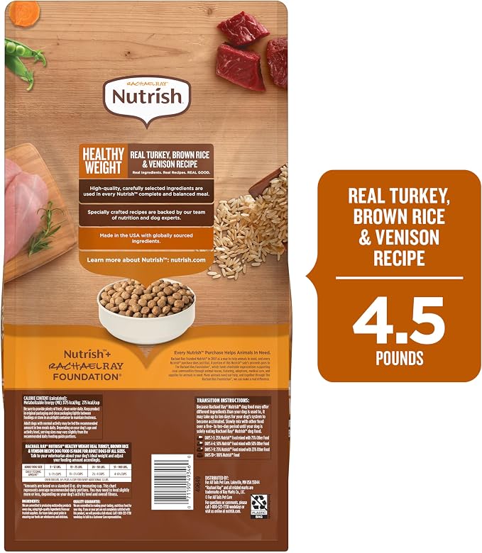 Nutrish Healthy Weight Dry Dog Food, 4.5 lb. Bag (Rachael Ray) | Turkey, Brown Rice & Venison Recipe, Made With L-Carnitine to Help Support a Healthy Metabolism, No Artificial Flavors