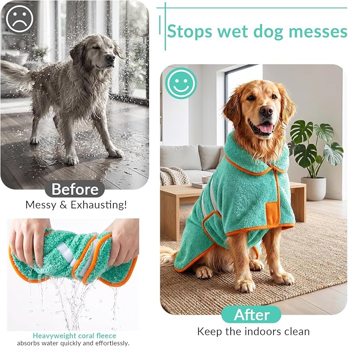 Dog Bathrobe, Super Absorbent for Small to Large Dogs, Lake Green M | Dog Robes with Soft Fleece, Warm & Cozy, Adjustable Fit, and Quick Drying Coat for Baths Swimming and Grooming
