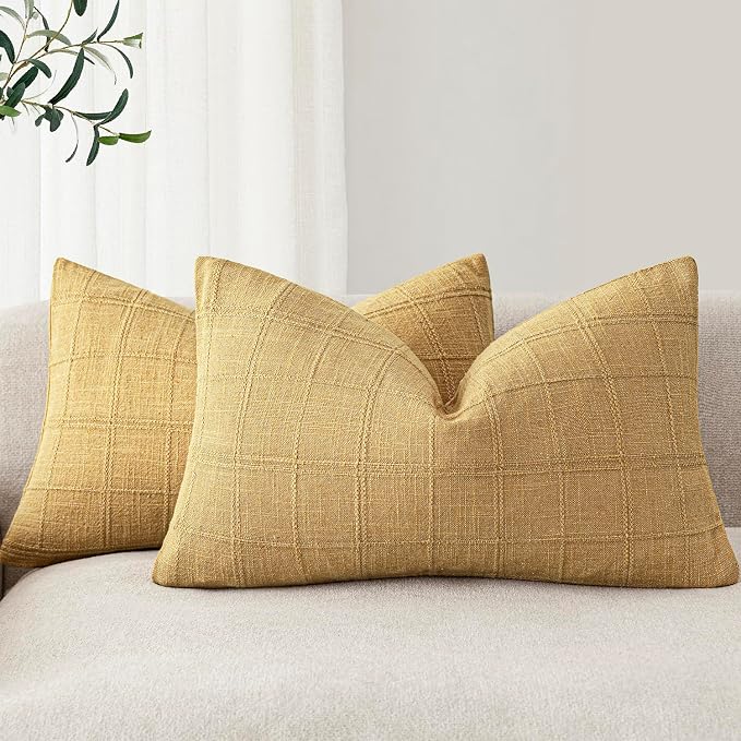 Foindtower Set of 2 Decorative Linen Check Throw Pillow Covers Neutral Farmhouse Lumbar Cushion Covers Modern Boho Accent Home Decor for Sofa Chair Couch Bedroom Living Room,12×20 Inch,Amber Gold