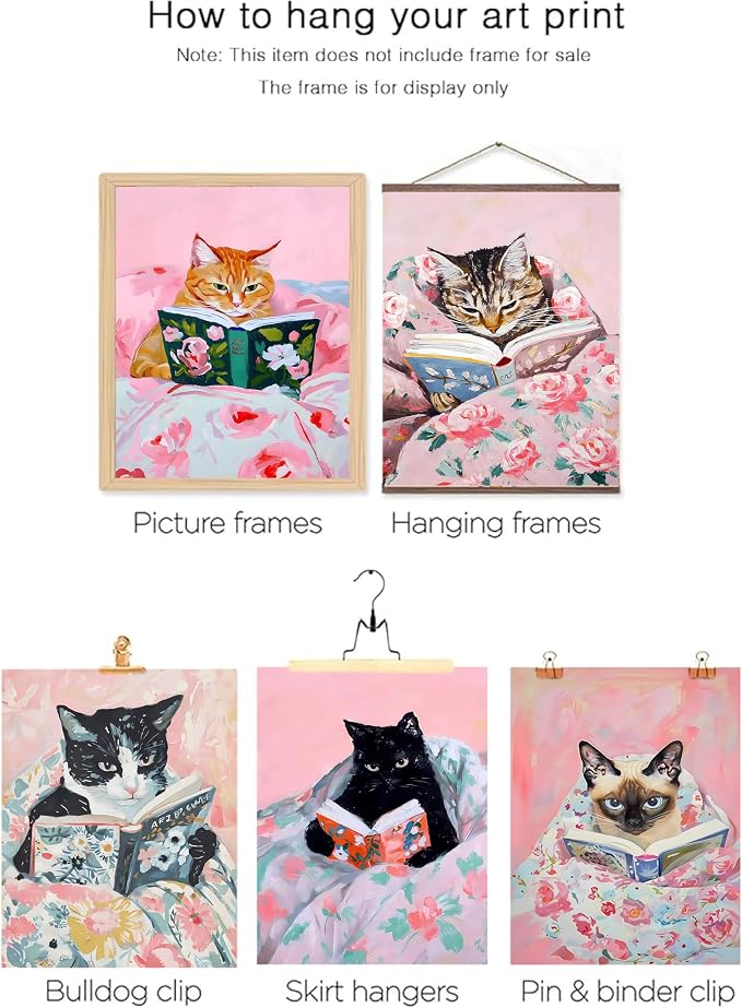 Cute Cat Reading Poster Set of 6 Funny Black Cat Book Lover Canvas Wall Art, Whimsical Animal Wall Decor Painting Prints Aesthetic for Nursery Kids Boby Room Bedroom Unframed 8x10 inch