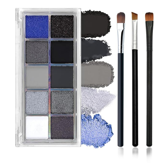 Black Grey Smoky Eyeshadow Palette,15 Colors Matte Shimmer Pigmented Eye Shadow Makeup Palette Set with 3 Eyeshadow Brushes,Glitter Eye Shadow Palette for Daily Halloween Goth Makeup(E)