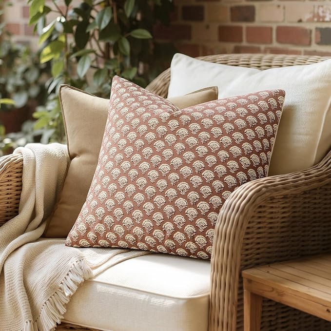 MIULEE Floral Print Decorative Euro Pillow Covers 22x22, Almond | Vintage Boho Farmhouse Modern Home Decor, Set of 2, Block Print Cushion Covers for Couch Sofa Bed Living Room