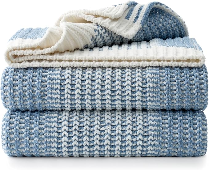 Premium Chenille Throw Blanket, Blue Ivory, 60"x80" | Soft Cozy Decorative Knit, Textured Two-Tone, Lightweight Warm, For Couch, Sofa, Bed, Living Room