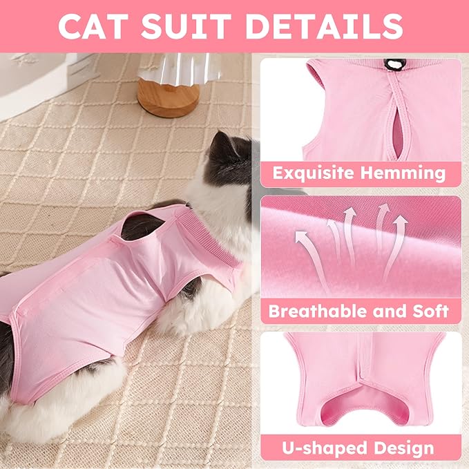 Hpetppy Cat Recovery Suit After Surgery, Breathable Cat Surgery Recovery Suit for Spay Abdominal Wounds or Skin Diseases, E-Collar Alternative Wear for Small Male Female Pets (Pink,L)