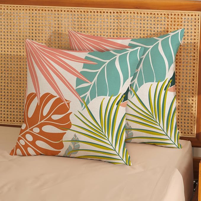 Summer Tropical Pillow Covers 18x18 Set of 2, Monstera Palm Leaf Pillowcase Green Orange Botanical Coral Summer Throw Pillows Outdoor Decor Farmhouse Cushion Case Linen Decorative for Home