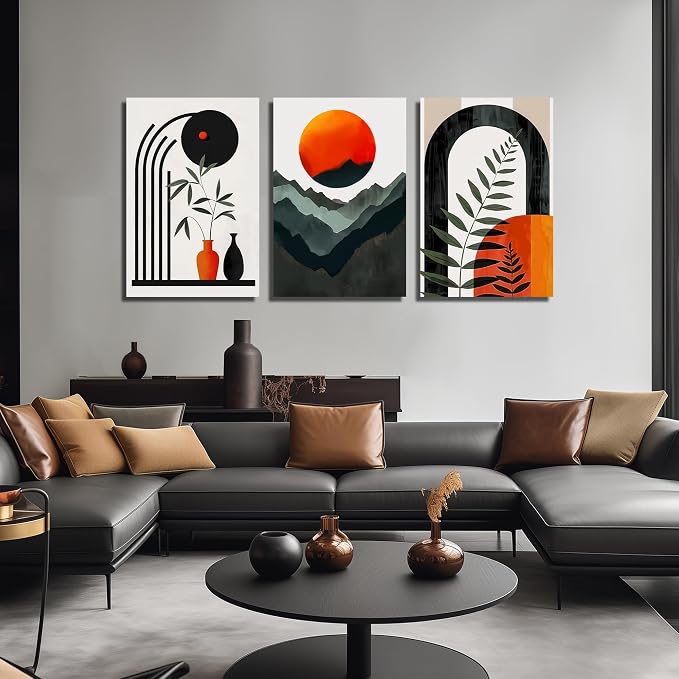 DNIEOTU Boho Canvas Wall Art for Living Room, Bohemian Wall-Decor for Bedroom, Minimalist Geometric Shapes Picture Prints, Size 24 x 36 Inches 3-Pieces
