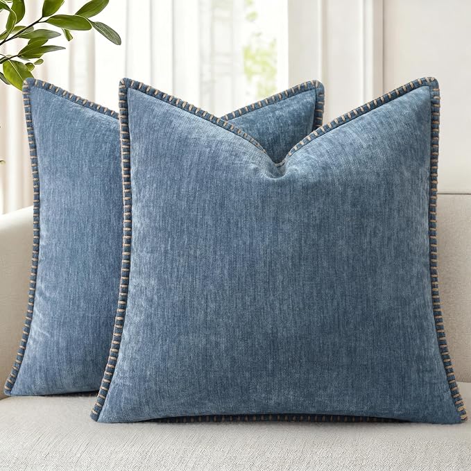 decorUhome Soft Chenille Throw Pillow Covers 20x20 Set of 2 Haze Blue | Fall Textured Decorative Throw Pillow Cases Stitched Edge Modern Farmhouse Luxury Boho Velvet for Couch Sofa Bed Home Decor