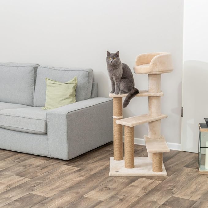 TRIXIE Tulia Senior Cat Tower – Cat Tree with Jute Wrapped Posts, Step-Style Platforms & Padded Top Bed – Comfortable Cat Furniture for Senior Indoor Cats – Beige, 20.1" x 20.1" x 40.2"