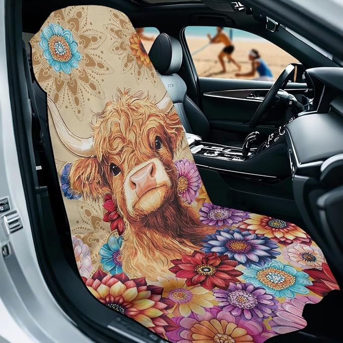 INSTANTARTS Dahlia Highland Cow Car Seat Cover Protector Sweat Towel Multi-Functional Car Towel