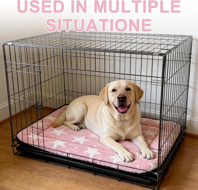 Dog Bed Mat – Soft & Comfortable Dog Kennel Pad for Crate – Durable Crate Bed & Mat for Dogs & Cats – Ideal for Crate, Kennel, and Home Use (Big&Little Stars Pink, L(35"*23"*1.5"))