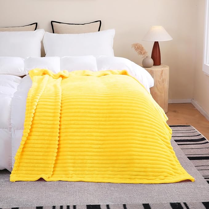 Bright Yellow Fleece Throw Blanket 60”×80” for Couch Sofa Livingroom | Super Soft Cozy Plush Microfiber Flannel Bed Blanket Striped Design Lightweight Home Decor Gifts for Adults Mom Women