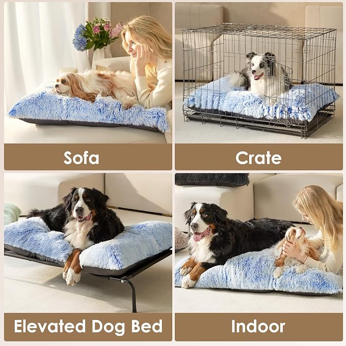 EHEYCIGA Fluffy Dog Crate Bed, Plush Extra Large Dog Pillow, Blue | Xlarge Calming Anti Anxiety Plush Faux Fur Mat for Large size dogs, Washable Soft Warm Dog Pad with Non-Slip Bottom