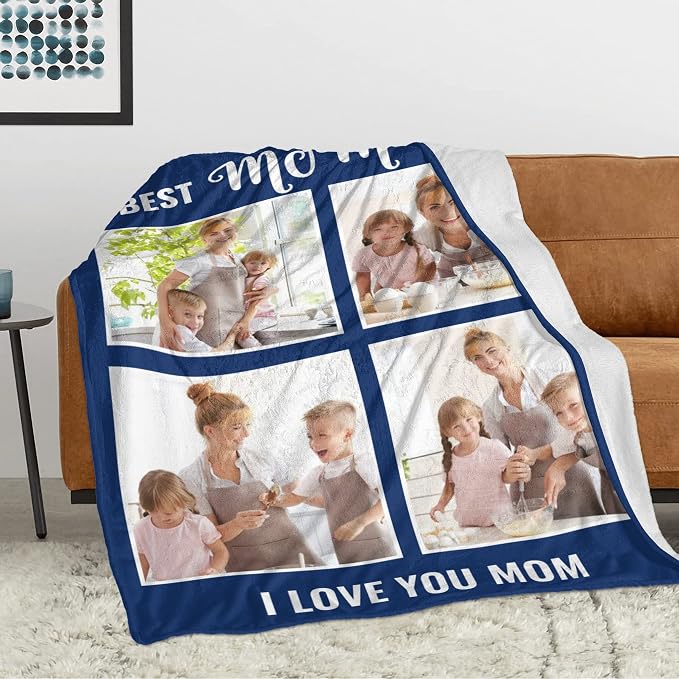 Personalized Mom Blanket, Birthday Gifts for Mom from Daughter Son | Custom Blanket with Photos Text, Mother's Day Christmas Birthday Valentine's, Customized Collage 4 Pictures Blanket