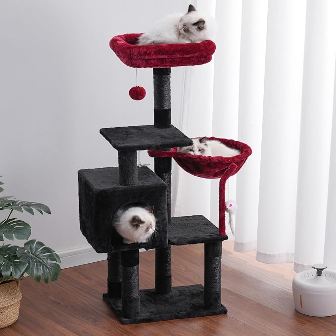 Heybly Cat Tree with Toy, 43.3 inch Cat Tower for Indoor Cats HCT004SBR | Cat Condo with Durable Sisal Scratching Posts, Cat House with Padded Plush Perch, Cozy Hammock, Black and Red