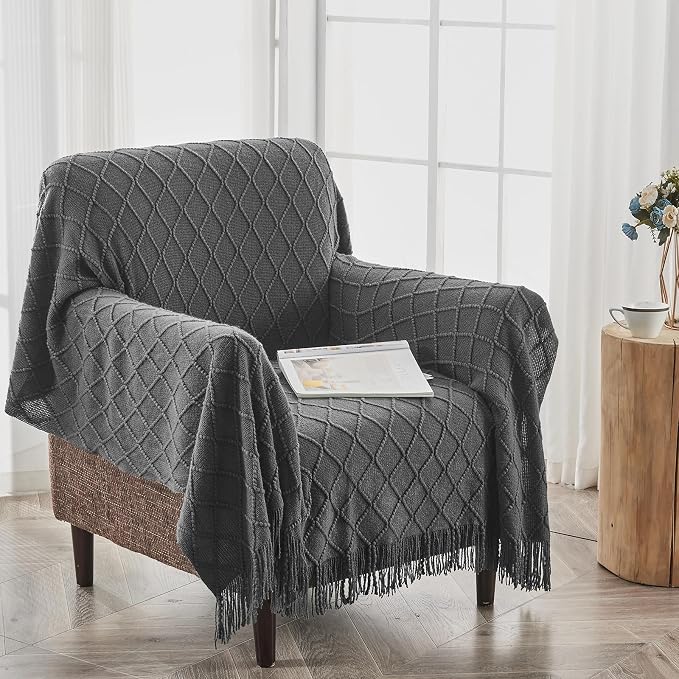 inhand Dark Grey Knitted Throw Blanket for Couch and Bed, 60"x80" | Soft Living Room Home Decor Knitted Twin Size Blanket, Outdoor Lightweight Breathable Summer, Farmhouse Warm Woven Decorative