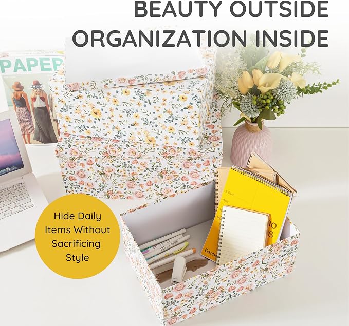 Soul & Lane - Summer Bouquet Decorative Storage Boxes with Lids, Set of 3 | Large Nesting Keepsake Boxes for Memories, Photos and Gifts, Cute Pink Floral Containers for Keepsakes and Organizing