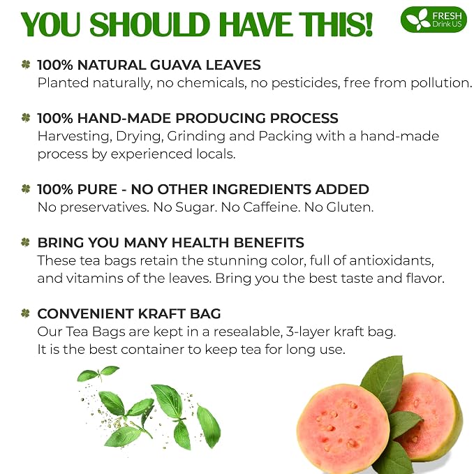 FRESHDRINKUS, Premium 75 Guava Leaf Tea Bags, 100% Natural & Pure. Loose Leaf Guava Herbal Tea. No Sugar, No Caffeine, No Gluten, Vegan.