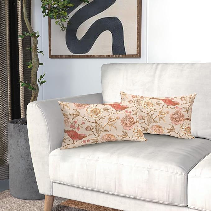 Pink White Roses Floral Lumbar Pillow Covers 12X20 Inch Set of 2Retro Flowers Birds Leaves Decorative Pillow Cases Art Vintage Cotton Linen Cushion Case Home Decor for Sofa Couch Porch Outdoor