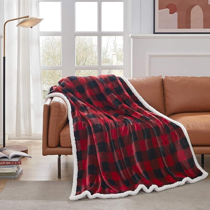 Sherpa Red and Black Buffalo Plaid Christmas Twin Blanket 60" X 70", Fuzzy Fluffy Soft Cozy Throw Blanket, Fleece Flannel Plush Microfiber Blanket for Couch Bed Sofa