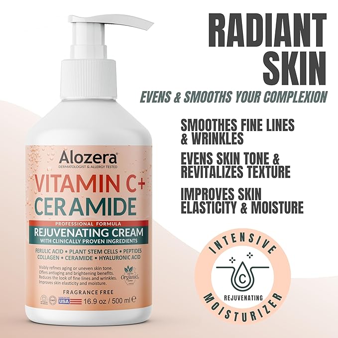 Alozera Vitamin C Body Lotion with Ceramides & Stem Cells, Anti-Aging Moisturizing Body Cream for Noticeably Brightening & Visibly Even Skin Tone, Lightweight, Fragrance Free, 16.9 oz