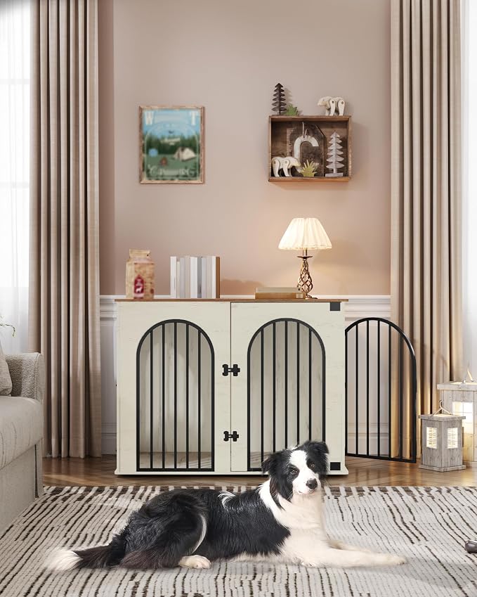 Hzuaneri 44.1'' Dog Crate Furniture,Dog Kennel Indoor for Medium/Large Dogs | Dog Kennel Furniture Wooden Dog Cage Heavy Duty Dog Crate Decorative Pet House End Side Table TV Stand,White Brown DFC83914B