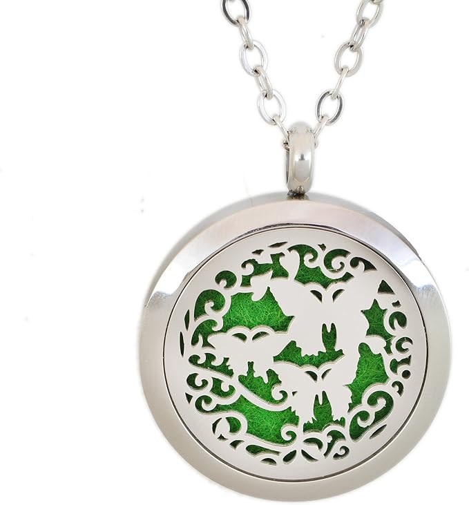 Aromatherapy Essential Oil Diffuser Stainless Steel 30MM Silver Magnetic Locket Pendant with Chain Necklace and Colored Refill Pads & Diffuser Bracelet All in a Velvet Bag (butterfly3)