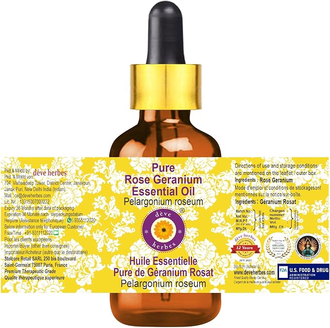 Deve Herbes Pure Rose Geranium Essential Oil (Pelargonium roseum) with Glass Dropper Steam Distilled 100ml (3.38 oz)