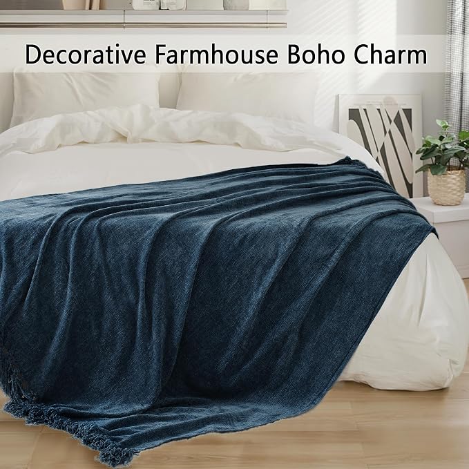 Chenille Throw Blanket for Couch 60" x 80" Twin, Navy Blue | Soft Cozy Warm Throws with Fringe Tassel, for Living Room Bed Sofa Chair Cover, Lightweight Knitted Decorative Boho Blankets