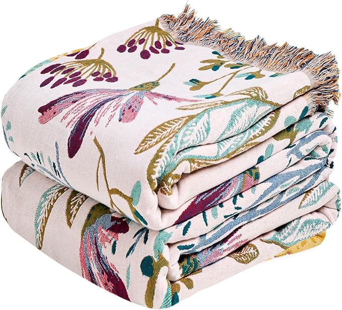 MSGKV Boho Throw Blanket 60"x80" 100% Cotton Floral Blanket for Couch Bed | 100% Cotton Muslin, Floral Throw Blanket, Reversible Weave, Lightweight Comfort, Cozy Home Decor, Machine Washable