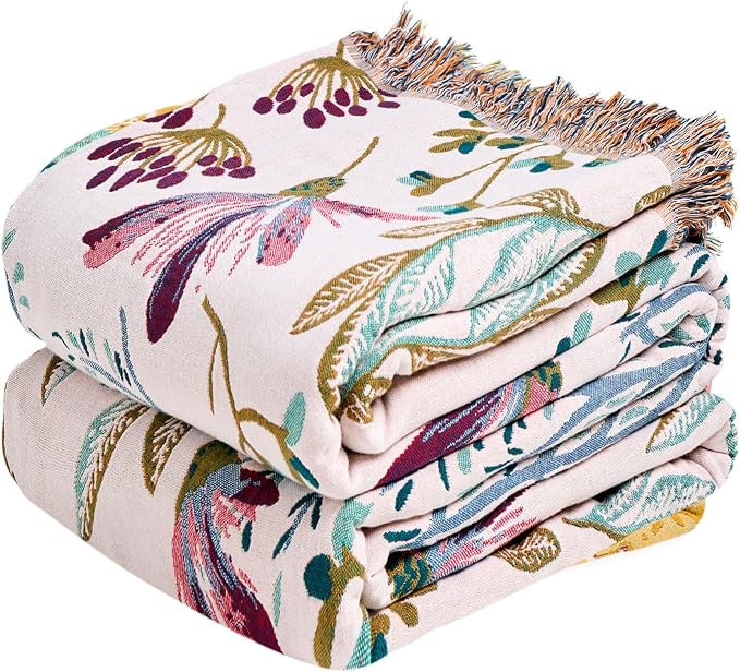 MSGKV Boho Throw Blanket 50"x60" 100% Cotton Floral Throw for Couch Sofa | 100% Cotton Throw, Floral Pattern, Reversible Woven, Breathable Lightweight, Farmhouse Home Decor, Machine Washable