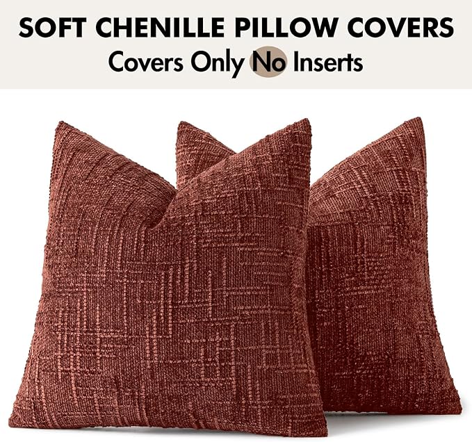 MIULEE Chenille Textured Fall Throw Pillow Covers Rust 20x20 Set of 2 | Slubby Decorative Pillows, Boho Farmhouse Rustic Home Decor, Modern Neutral Cushion Covers for Couch Sofa Bed Living Room