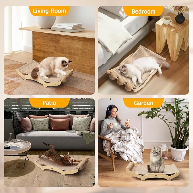 3 in 1 Sisal Cat Scratcher Bed, Solid Pine Cat Scratcher with Balls,Natural | Extra Large Cat Scratching Post with Hammock, Cat Scratcher for Scratch & Play & Rest, Cat Furniture for Indoor Cats, Kitten