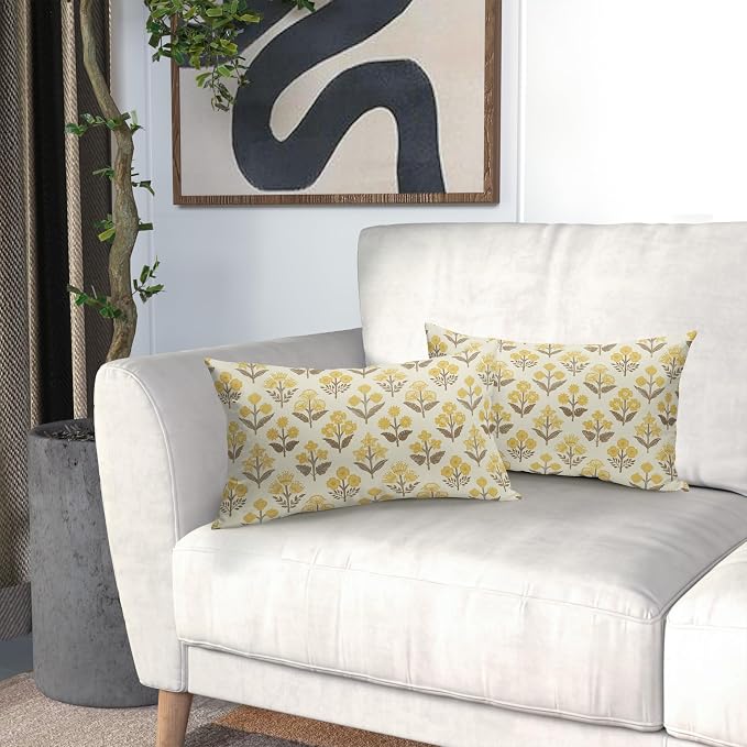 Brown Yellow Floral Pillow Covers 12x20 Inch Set of 2, Block Print Lumbar Flower Cream Decorative Throw Pillowcases Outdoor Farmhouse Rectangle Cushion Covers Spring Summer Sofa Couch Bed Decor