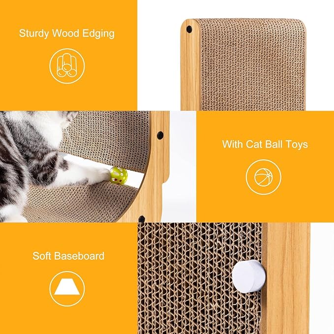 Poils bebe L Shape Cat Scratcher, 26.8 Inch Cat Scratchers for Indoor Cats | Protecting Furniture Cat Scratch Pad, Cardboard Cat Scratching with Ball Toy, Catnip, Large