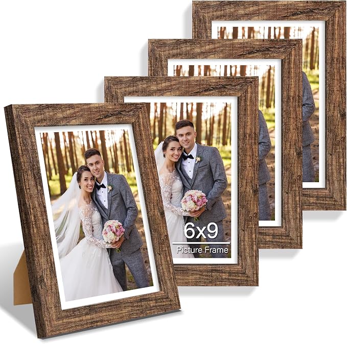 Hongkee 6x9 Picture Frame Set of 4, Made of Real Glass and Rustic Brown Wooden Frame - 6 by 9 Photo for Wall or Tabletop Display