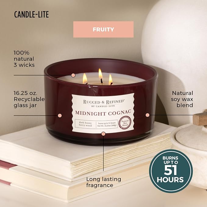 Candle-Lite Scented Candles for Men, Midnight Cognac Fragrance, 16.25 oz Jar, 3-Wick, 51 Hours of Burn Time, Masculine Aromatherapy with Long Lasting Scent, Ideal Gift for Father's Day and Home Decor