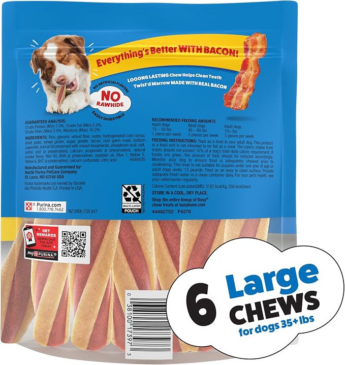 Purina Busy with Beggin Twisted Large Dog Treats, 6 ct Pouch | Bacony dog treat wrapped around long-lasting Busy chew, rawhide free with real meat, for large dogs 35+ lbs