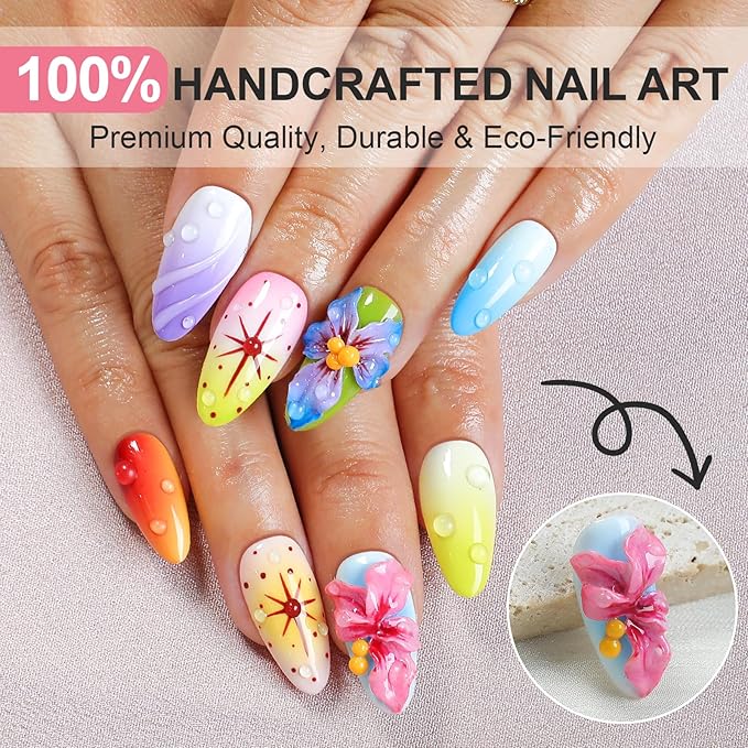 Handmade Press On Nails Almond, French Tips with 3D Flowers Water Droplets Design Short Fake Nails, Salon-Quality Reusable, 10Pcs Includes Adhesive Pads & Nail File, Women's Fall/Winter Gift
