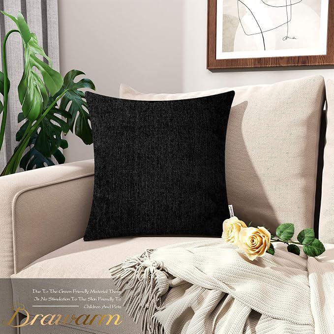 BRAWARM Throw Pillow Covers 16x16 Inches - Black Chenille Pillow Covers Pack of 2, Solid Dyed Soft Chenille Pillow Cases for Couch Sofa Bed Home Decoration