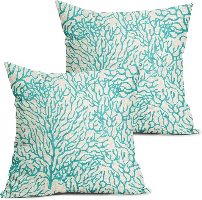 Nautical Coastal Coral Pillow Covers 20x20 Inch Set of 2 Summer Ocean Beach Teal Turquoise Decorative Pillow Cases Outdoor Linen Cushion Cover Farmhouse Decor for Bedroom Home Sofa Couch Bed
