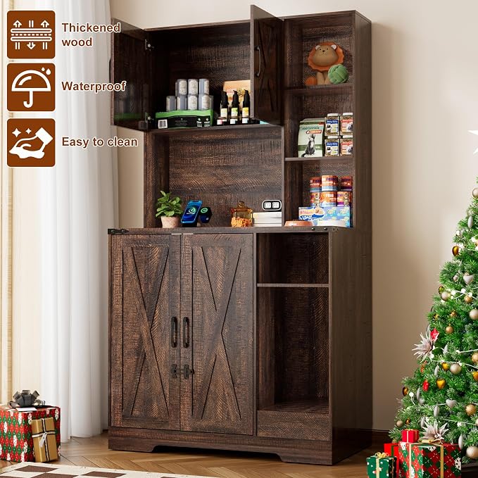 71Inches Tall Cat Litter Box Enclosure for Cats W/Power Outlets,Open Shelves.Wooden Pet Washroom Furniture W/Locks,Cabinet.Indoor Cats House,Hidden Cat Litter Box for Living Room,Bedroom(Brown-3)