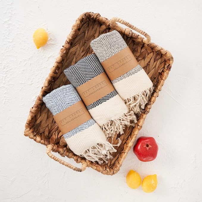BAY LAUREL Turkish Hand Towel – Pack of 2 | Soft & Absorbent Decorative Towels for Bathroom, Hand, Face, Hair, Gym, Yoga, SPA, Kitchen & Tea | Boho Decor (Beige, Herringbone 15x26 Inches (Set of 2)