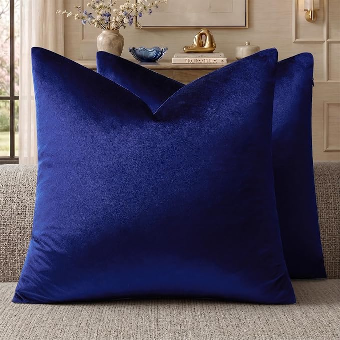 GIGIZAZA Royal Blue Velvet Throw Pillow Covers 22x22 Pack of 2 | Decorative Pillows for Couch Sofa,280gsm Soft Textured Fabric,Modern Square Pillowcases,Luxury Cushion Covers